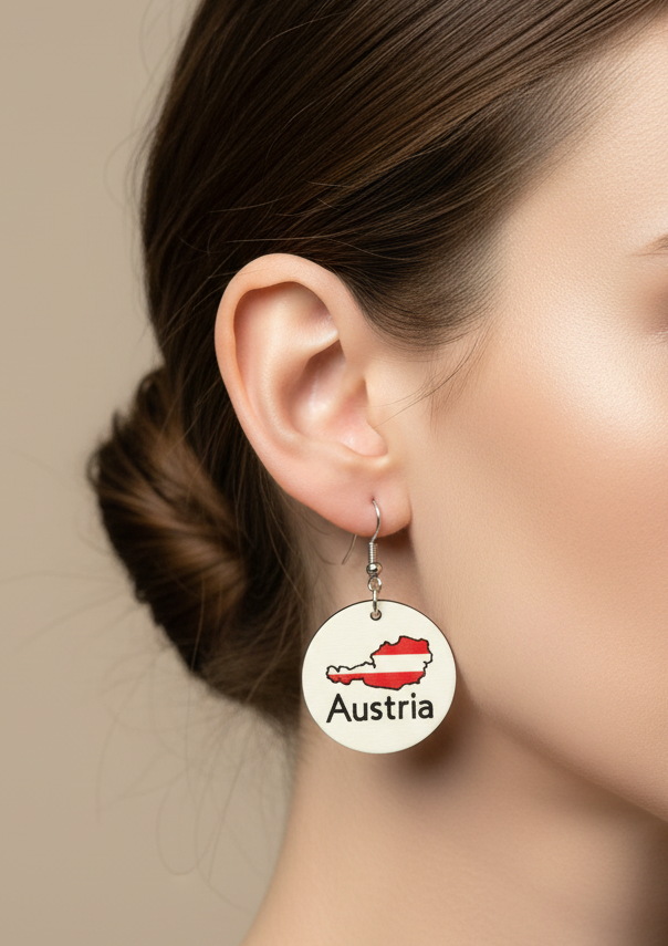Earring with Austria design worn by a person against a neutral background