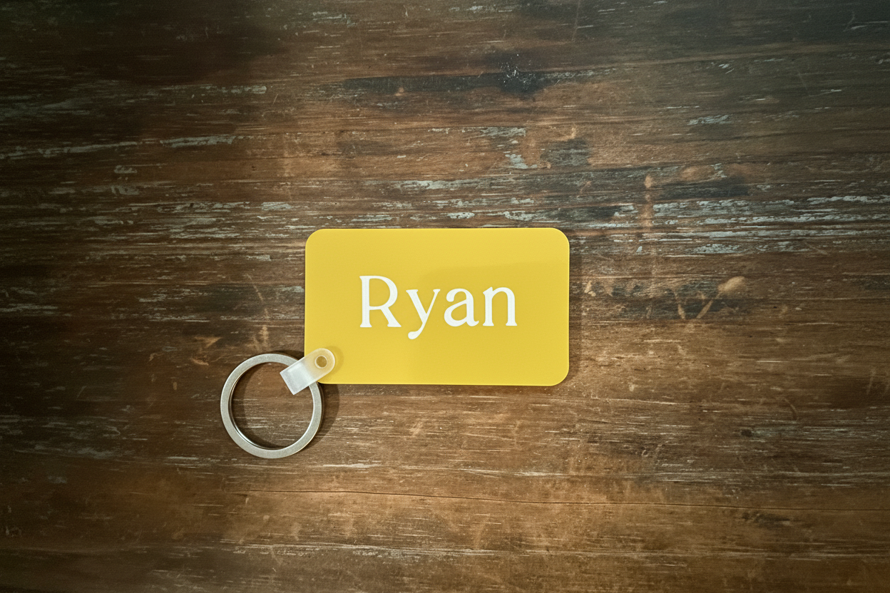 Yellow rectangular keychain with white text “Ryan” printed vertically, attached to a silver ring on a wooden surface. Roxzell