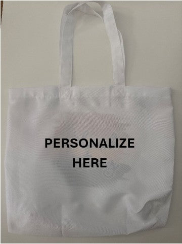 White tote bag with text 'PERSONALIZE HERE' on a light gray background.  Reverse side of black history tote. Roxzell