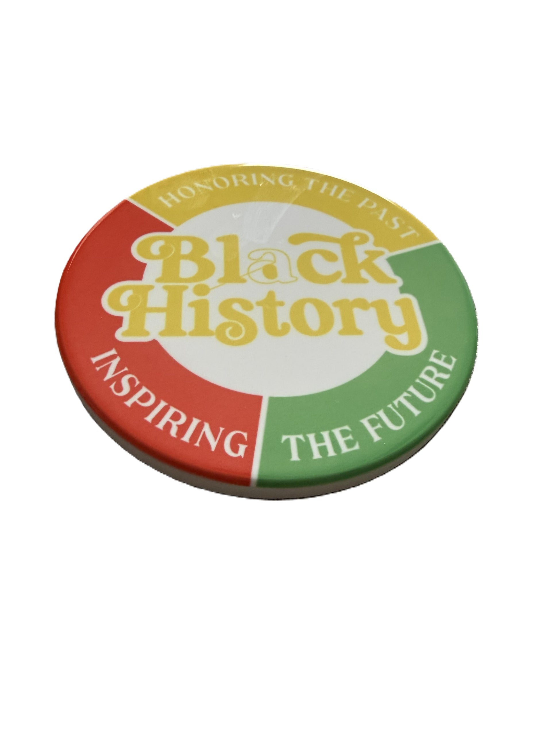 Round drink coaster featuring "Honoring the Past, Inspiring the Future" and Black History text in yellow, red, and green, Roxzell