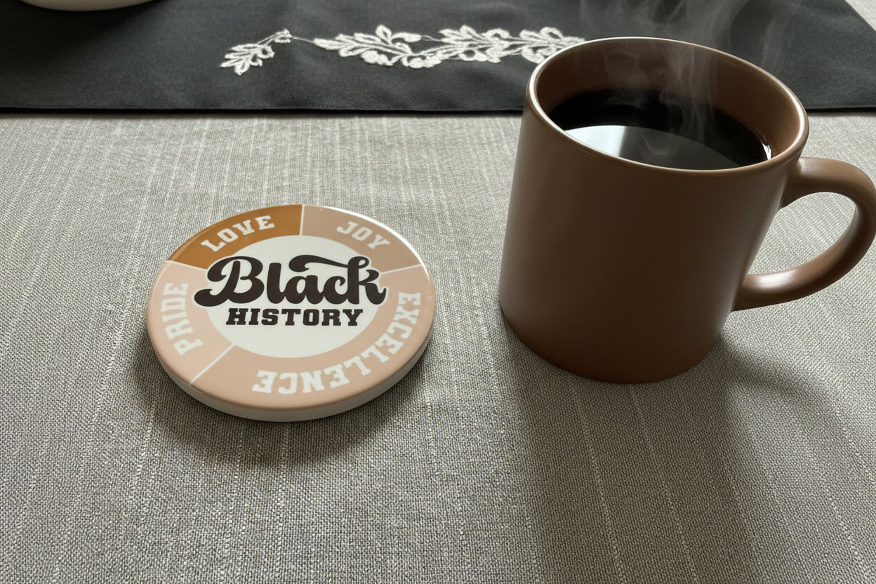 Black History coaster showcasing cultural pride placed on a table with a brown coffee mug filled with coffee, Roxzell