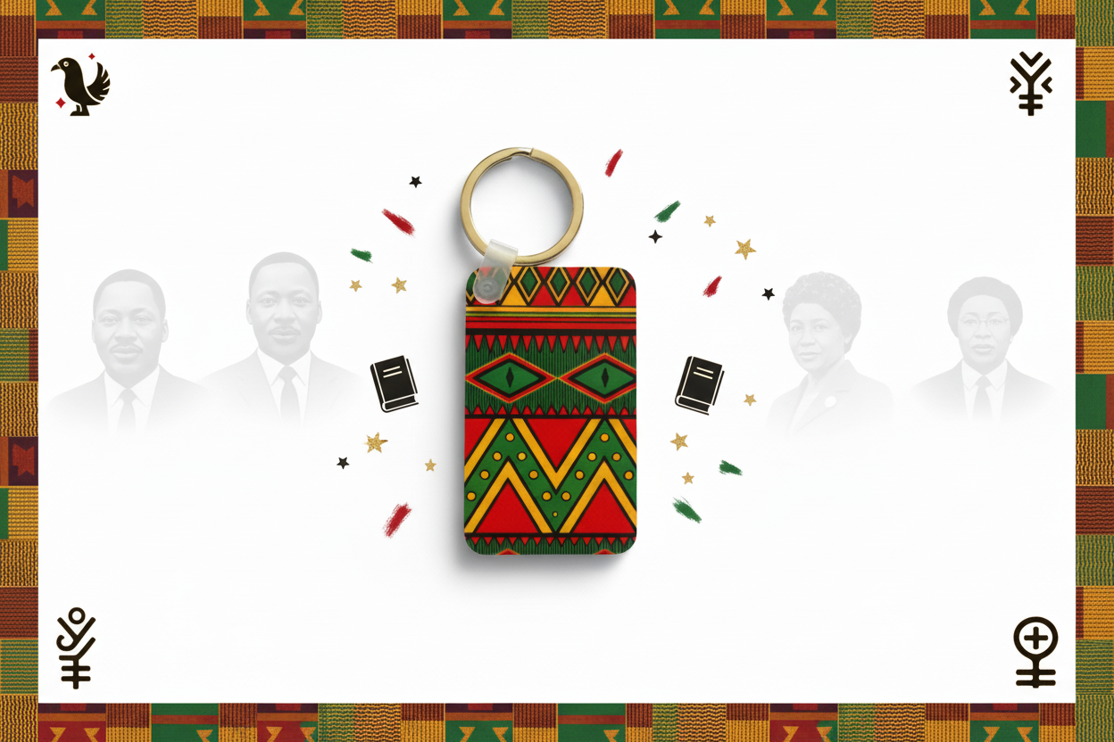 Black history keychain on white background with kente cloth pattern. Roxzell