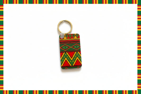 Black History Month keychain with red, yellow and green geometric patterns. Roxzell