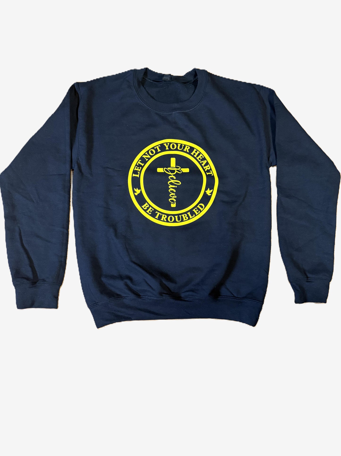 Black sweatshirt with yellow graphic 'Let Not Your Heart Be Troubled' on a white background