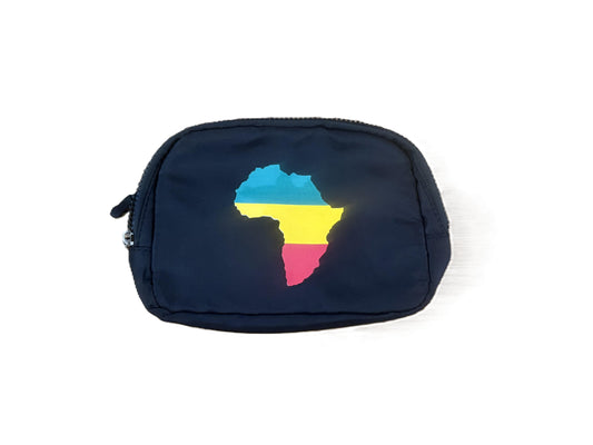 Black zippered pouch featuring a stylized Africa silhouette in green, yellow, and red horizontal color bands.