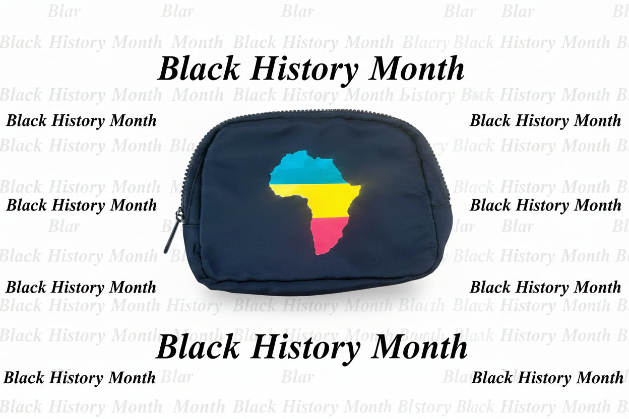 Black zippered pouch displaying a stylized Africa silhouette with green on top, yellow in the middle, and red on the bottom on a white background with Black History Month" text. Roxzell