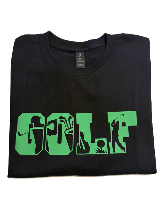 Folded black t-shirt with green golf silhouette design across the chest.