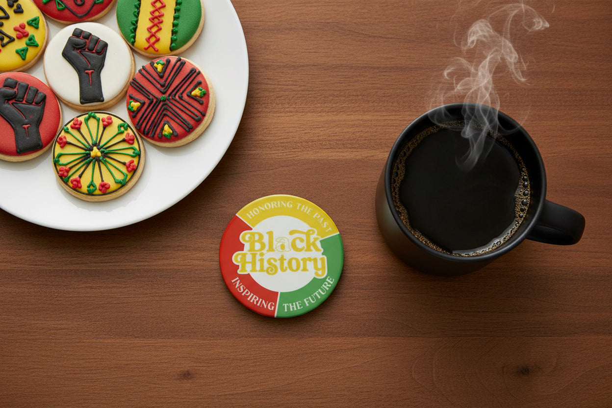 Empowerment-themed yellow, red, and green coaster for Black History Month on a table with a steaming cup of coffee and black history sugar cookies.