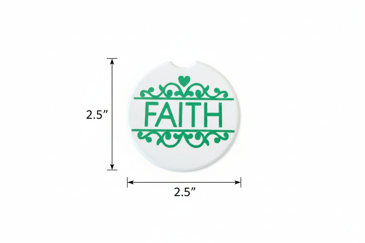Christian-themed car coaster with elegant green flourishes and bold FAITH typography, Roxzell