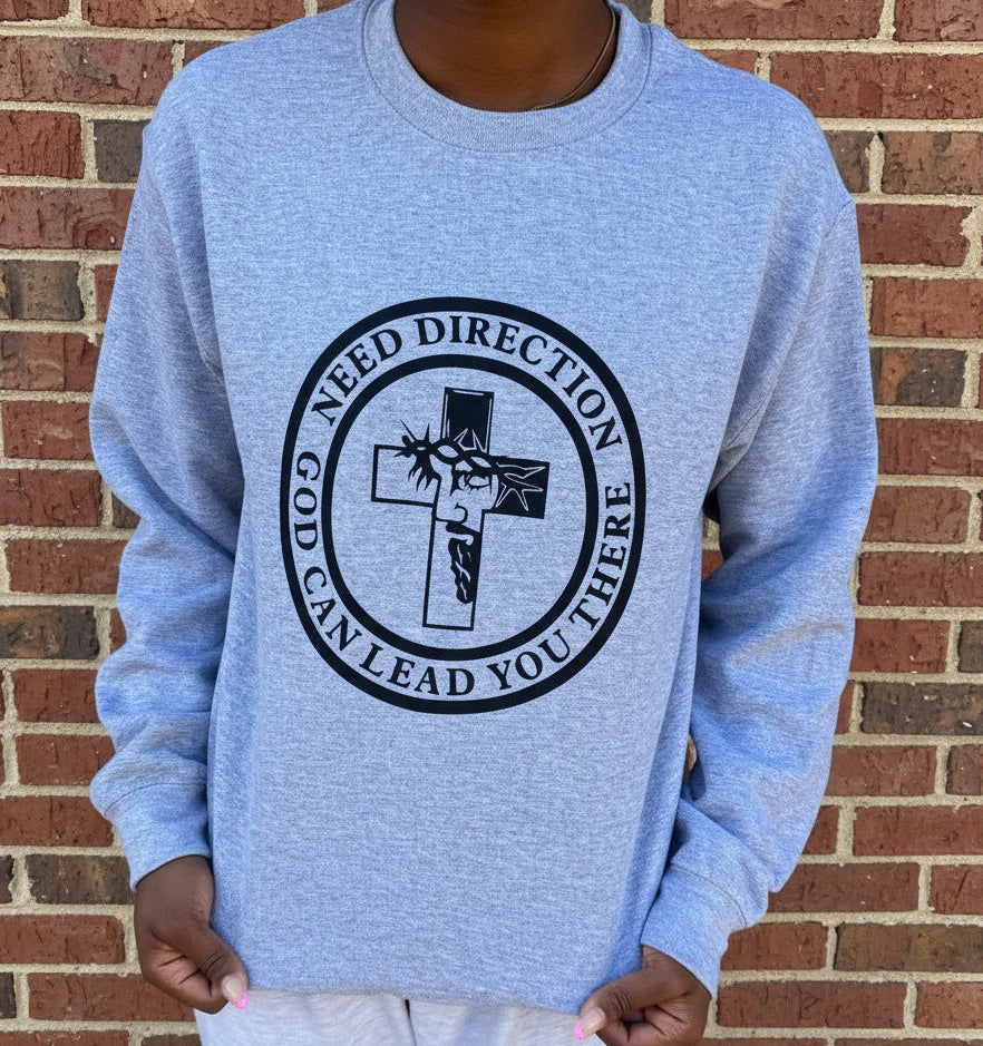Faith‑inspired light gray sweatshirt featuring a cross and Jesus’ face with crown of thorns, encircled by inspirational message, Roxzell