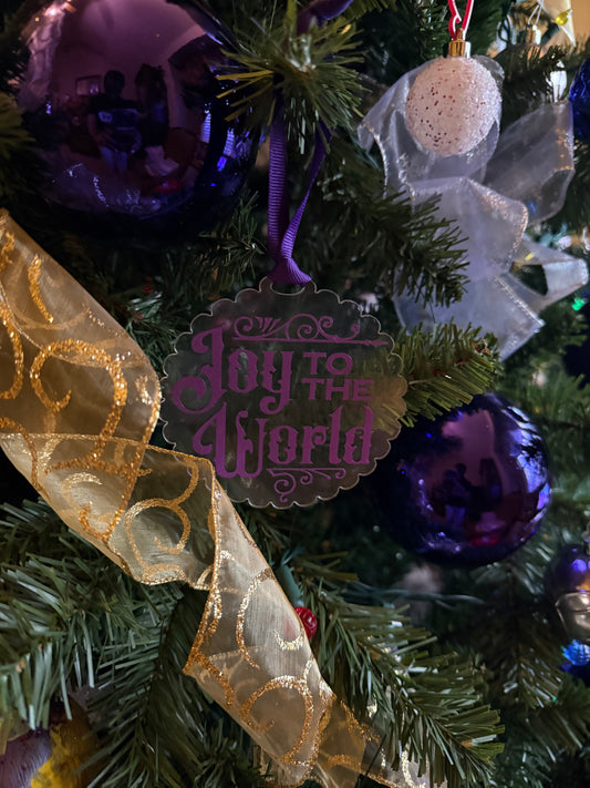Transparent scalloped acrylic ornament with purple “Joy to the World” lettering and ribbon, hanging holiday decoration, Roxzell