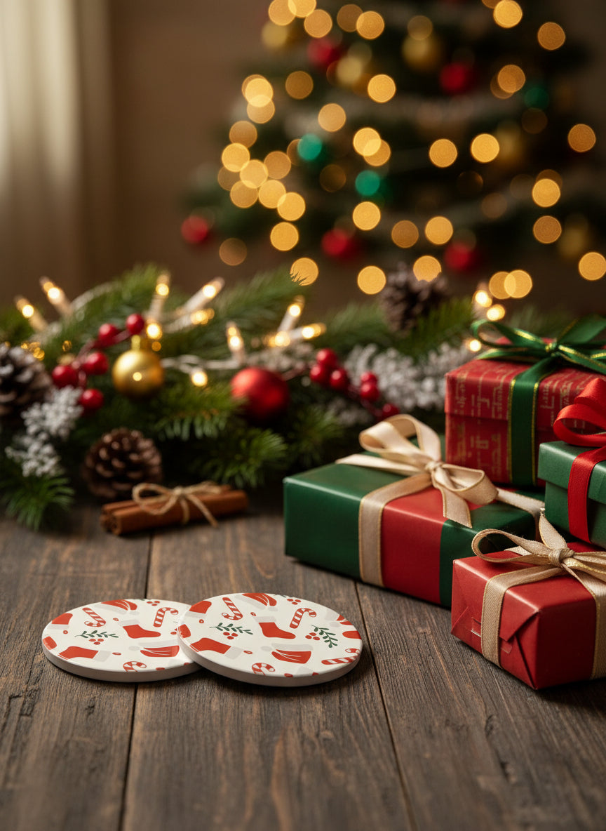 Decorative coasters with Christmas stockings, Santa hat, and candy cane design on a wooden surface, with gift boxes and a tree in the background, Roxzell