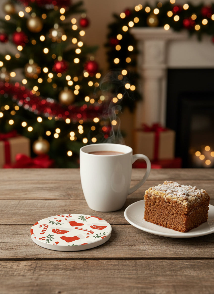 Round Christmas drink coaster with Santa hats, candy canes, stockings, and holly berries beside a white coffee mug and coffee cake with Christmas background, Roxzell
