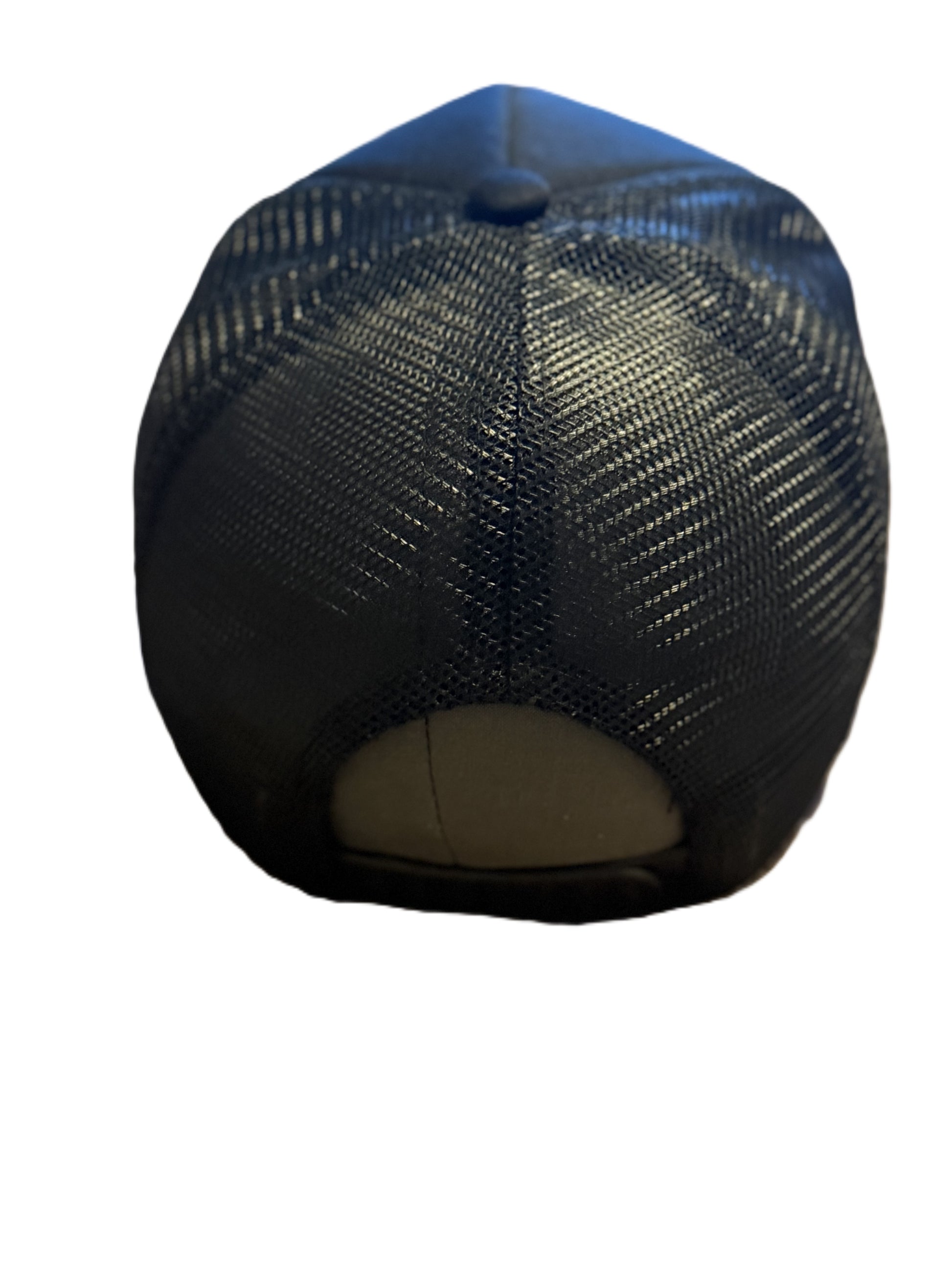 Back mesh view of black Chronic Overthinkers Club trucker hat showing adjustable snap closure. Roxzell