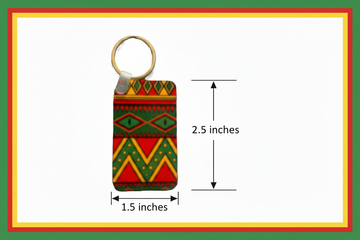 Rectangular keychain with bold geometric pattern in red, green, yellow, and black. Roxzell