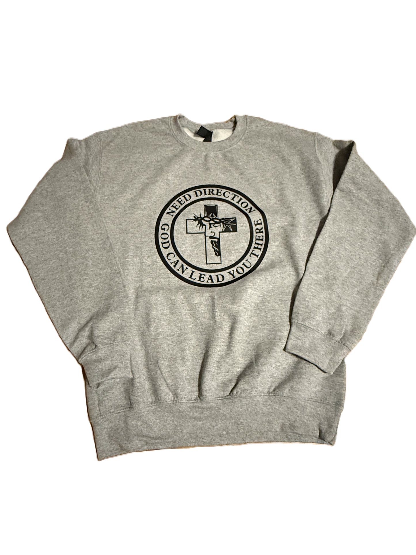 Cozy gray sweatshirt with bold black faith design: cross, Jesus crowned with thorns, and uplifting message, Roxzell