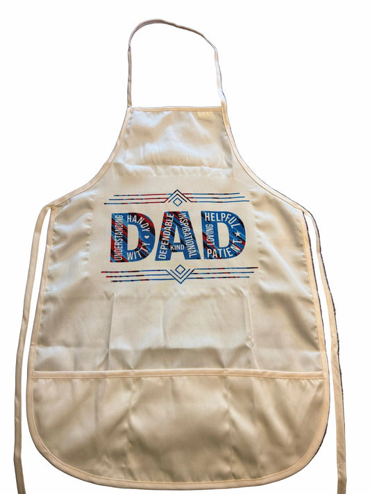 Bold red and blue DAD apron flat lay showing full front design, two pockets, and adjustable neck strap, Roxzell