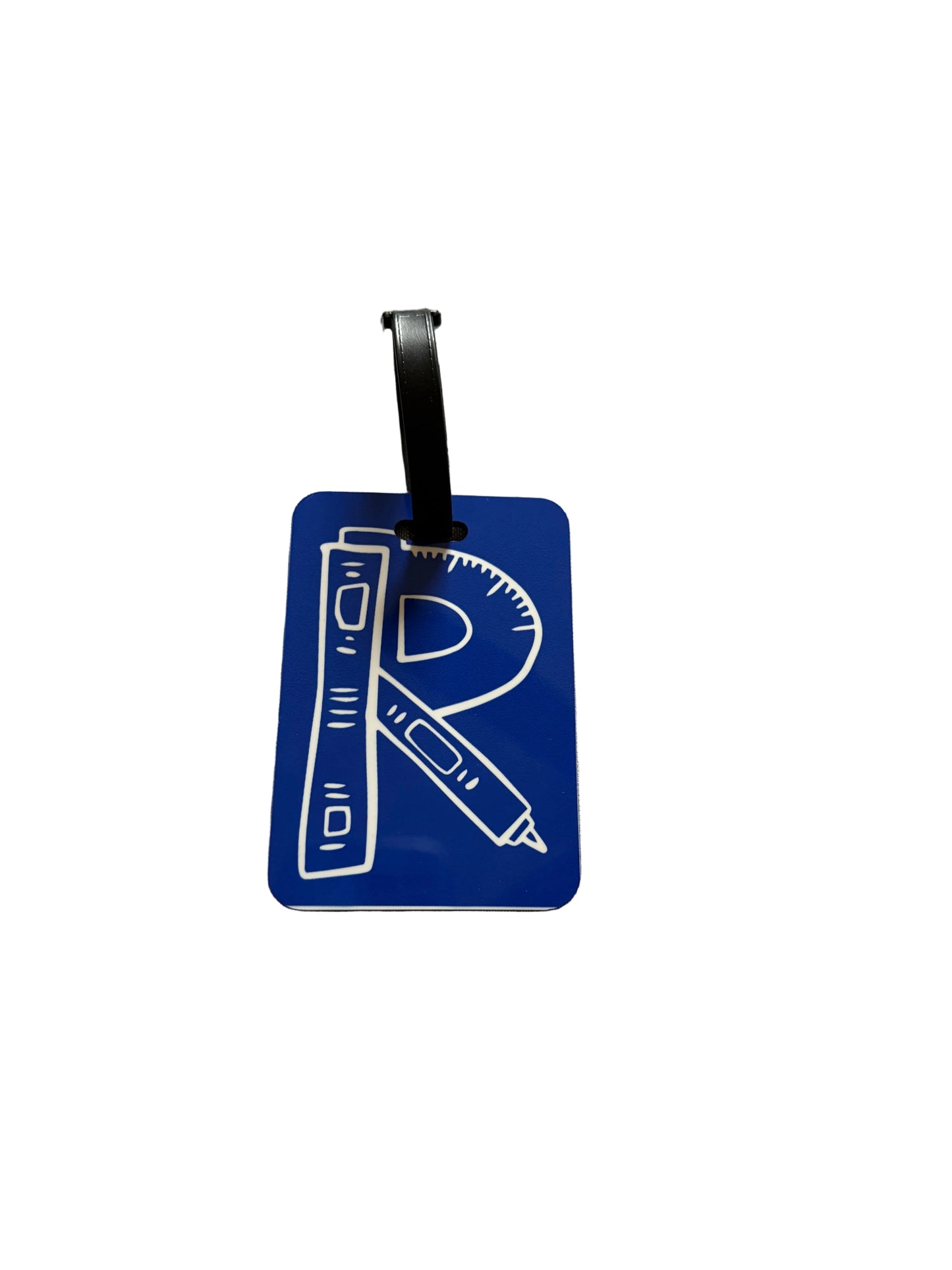 Blue travel tag with "R" shaped school supply icons, Roxzell 