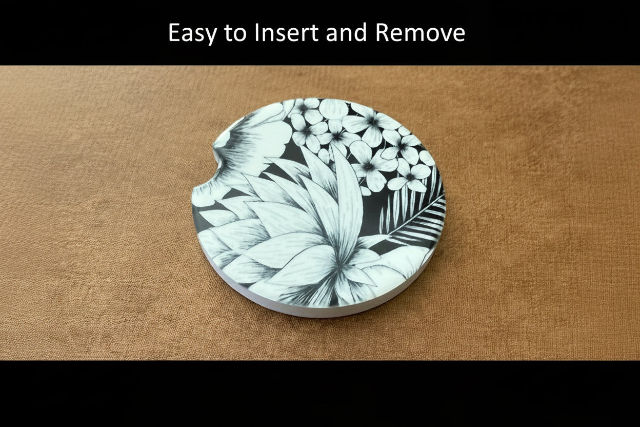Stylish car coaster with black floral artwork on brown background with "Easy to Insert and Remove" text inside the top black border, perfect for gifting, Roxzell