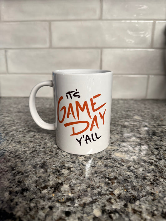 Double-sided football mug showing bold game day and touchdown designs