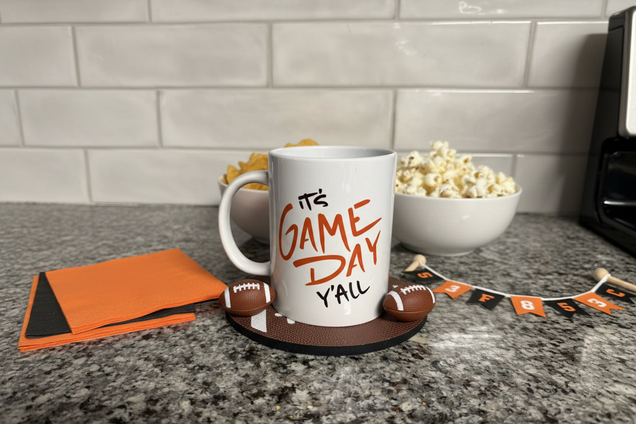 Ceramic mug with “It’s GAME DAY Y’ALL” text, styled for football tailgates, Roxzell
