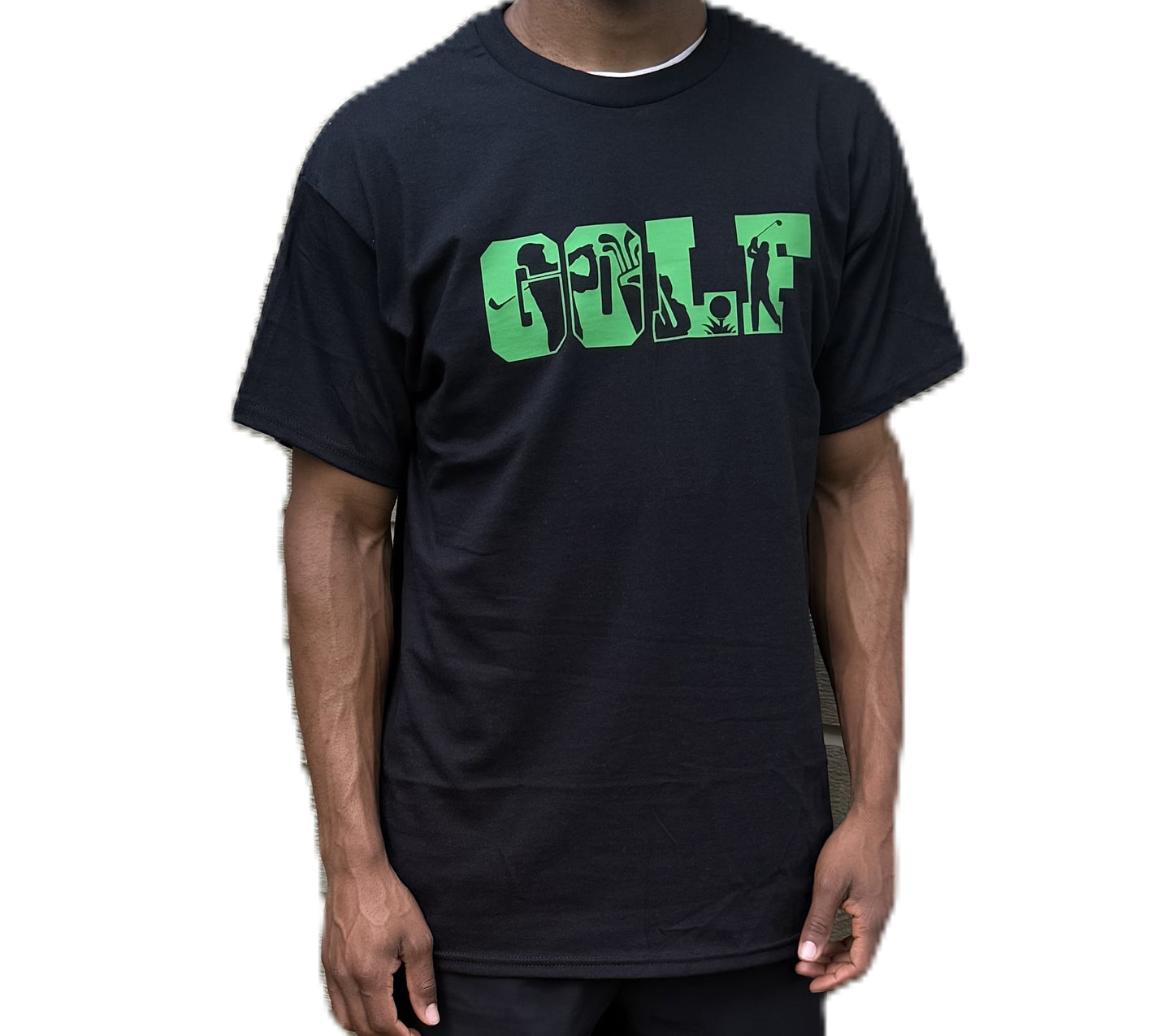 Black cotton t‑shirt with green “GOLF” silhouette design across chest. Roxzell