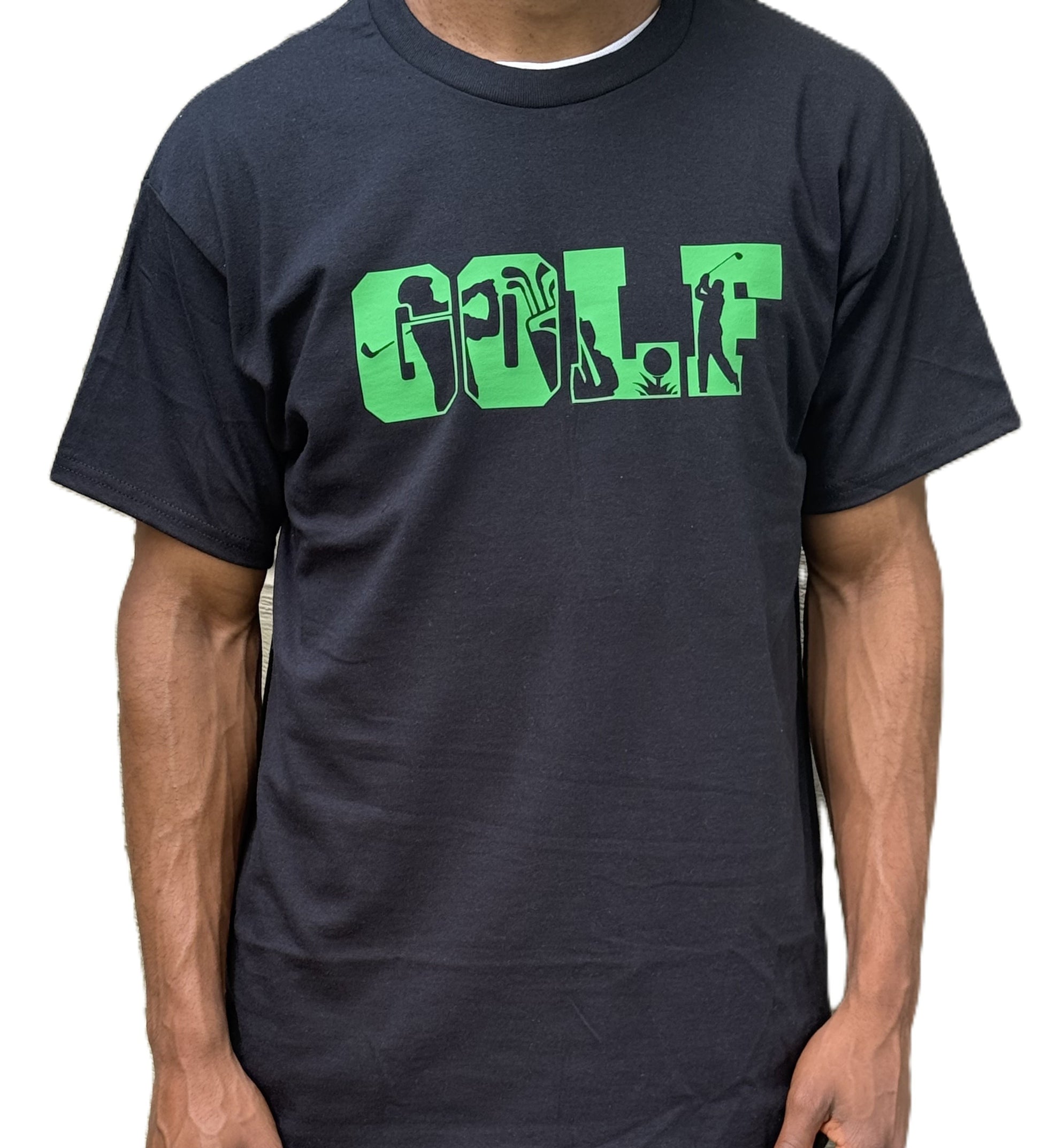Man wearing black golf t‑shirt with green graphic and golf silhouettes within the golf design, Roxzell