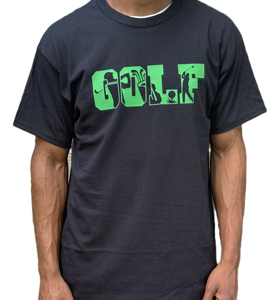Man wearing black golf t‑shirt with green graphic and golf silhouettes within the golf design, Roxzell