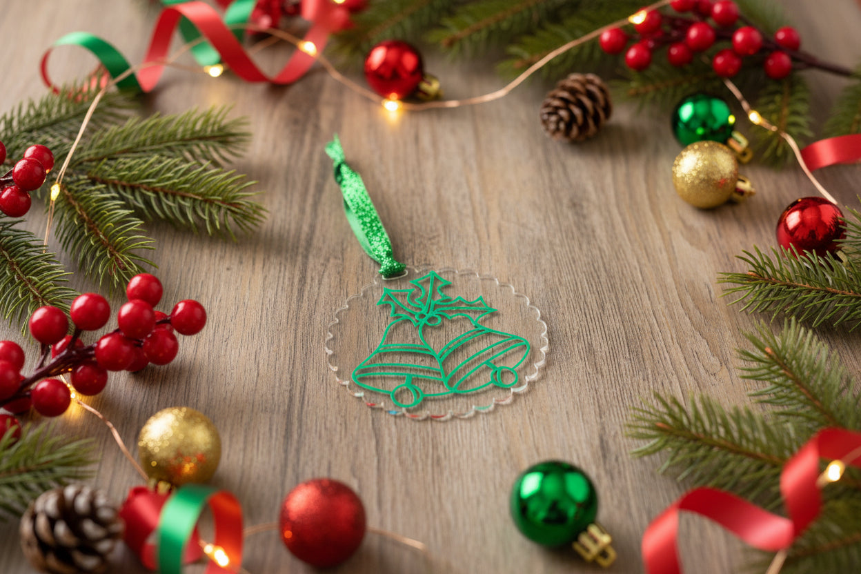 Holiday ornament with green glitter ribbon and bell design, styled for cozy seasonal charm. Roxzell