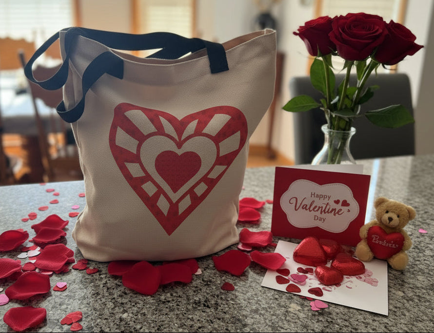 Beige tote bag with black handle and red shaped heart on the front on a kitchen table with Valentine's Day decor, Roxzell