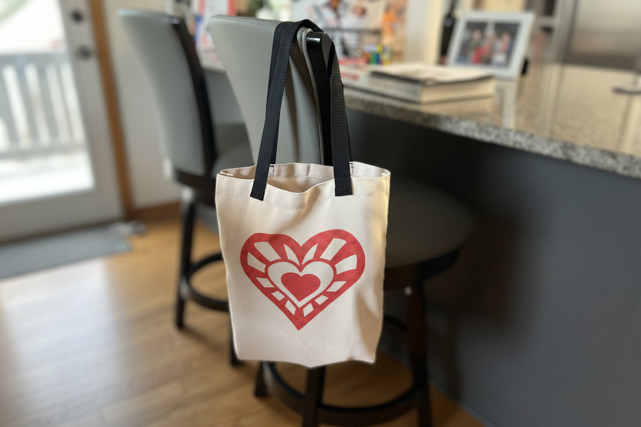 Stylish heart tote bag hanging on a kitchen bar stool in front of a gray kitchen counter, Roxzell