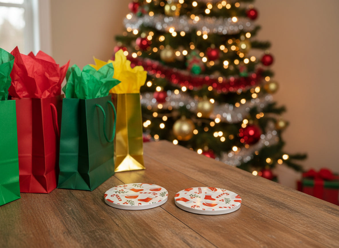 Round Christmas drink coasters with Santa hats, candy canes, stockings, and holly berries beside Christmas gift bags and Christmas tree in the background, Roxzell