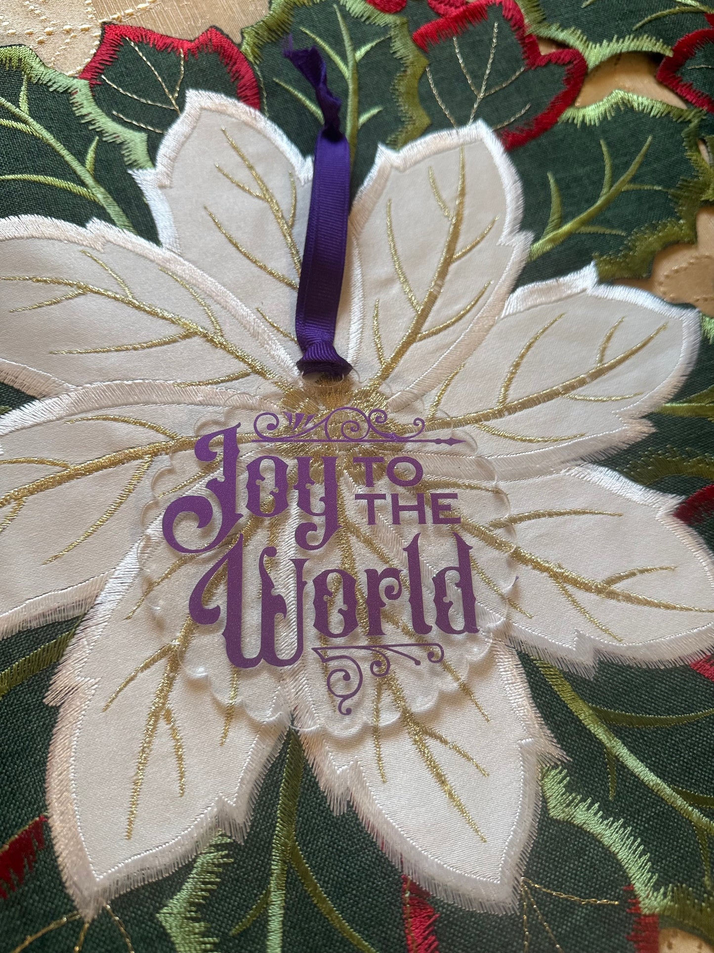 Faith‑inspired acrylic ornament with scalloped edges, purple ribbon, and joyful Christmas message, Roxzell
