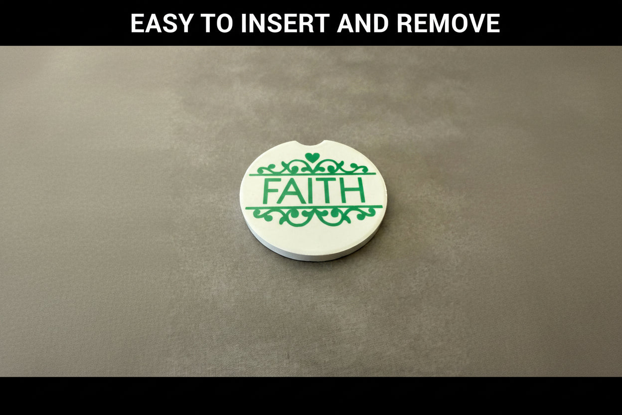 Decorative car coaster featuring green FAITH lettering and heart accent on white base with a gray background and black border with words "EASY TO INSERT AND REMOVE" on the top border, Roxzell