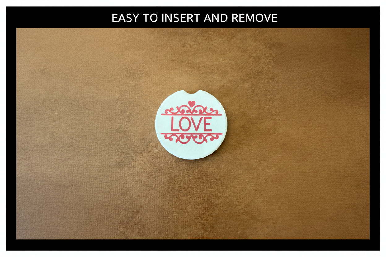 White coaster with uplifting “LOVE” message on a black and brown back ground, with text "EASY TO INSERT AND REMOVE" text inside top border, Roxzell