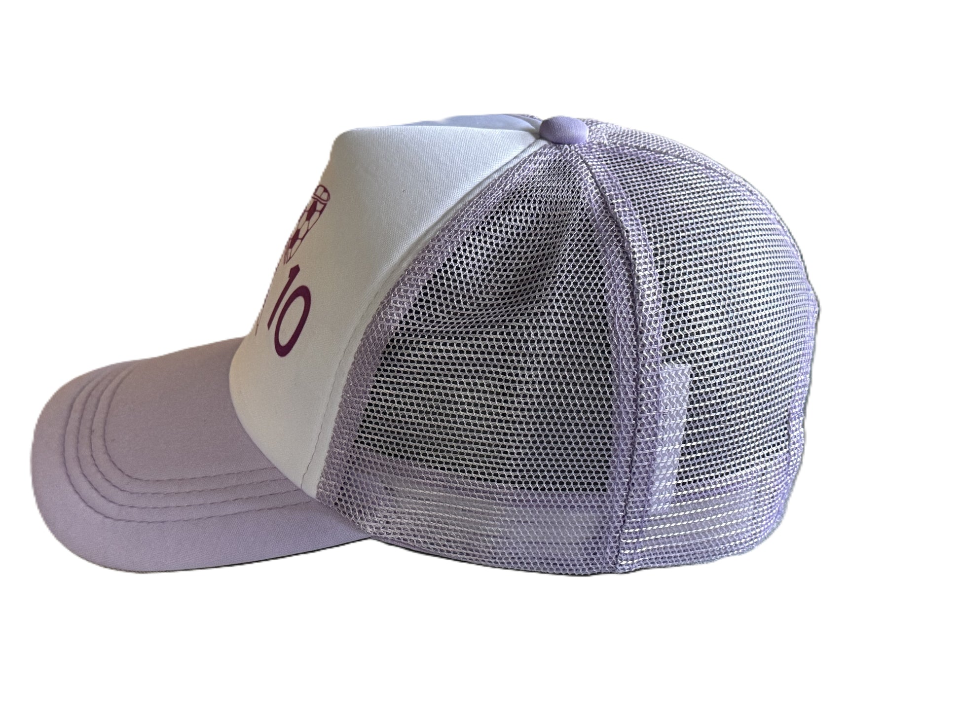 Left side of a lavender and white trucker hat featuring a purple soccer-ball-patterned bow graphic and the number '10' printed on each side of the bow, shown against a plain white background. Roxzell