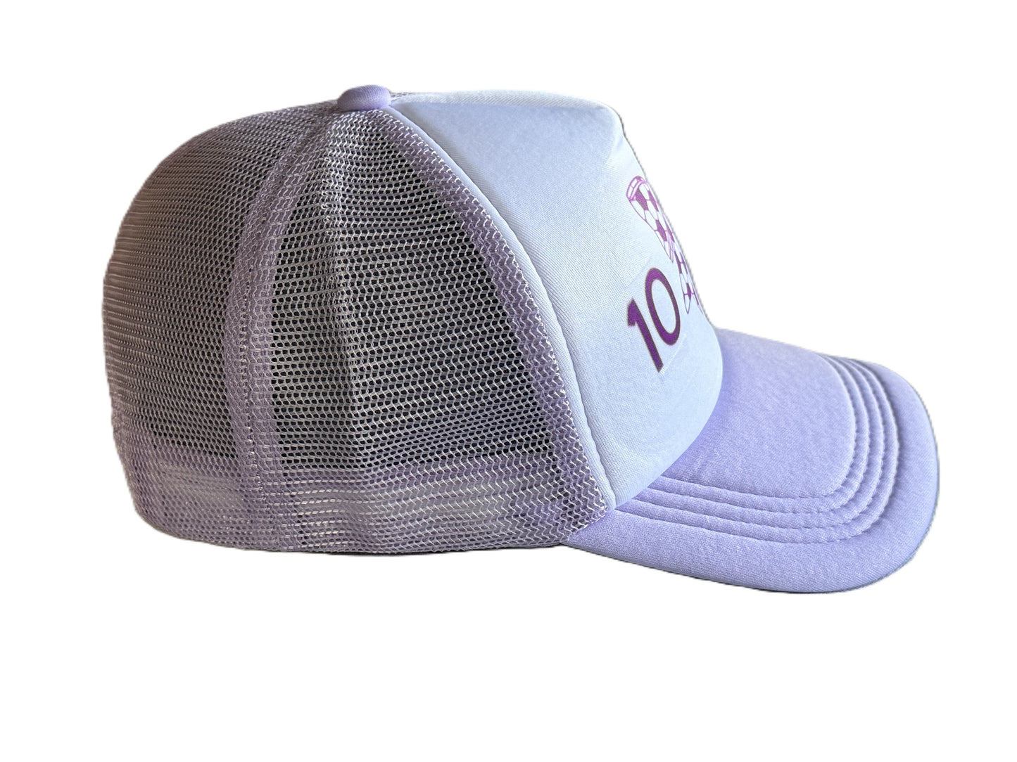 Right side of a lavender and white trucker hat featuring a purple soccer-ball-patterned bow graphic and the number '10' printed on each side of the bow, shown against a plain white background. Roxzell