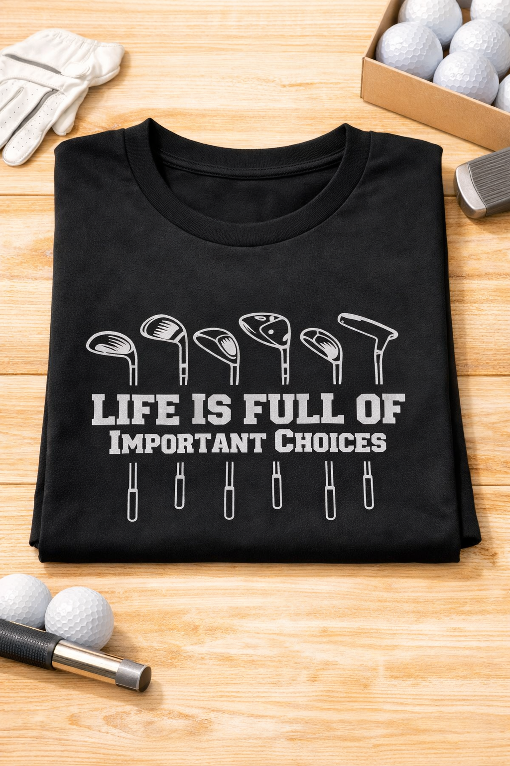 Black t-shirt with a humorous quote, "Life is Full of Important Choices" written between different types of gold clubs on a light wood table surrounded golf balls and a golf glove. Roxzell