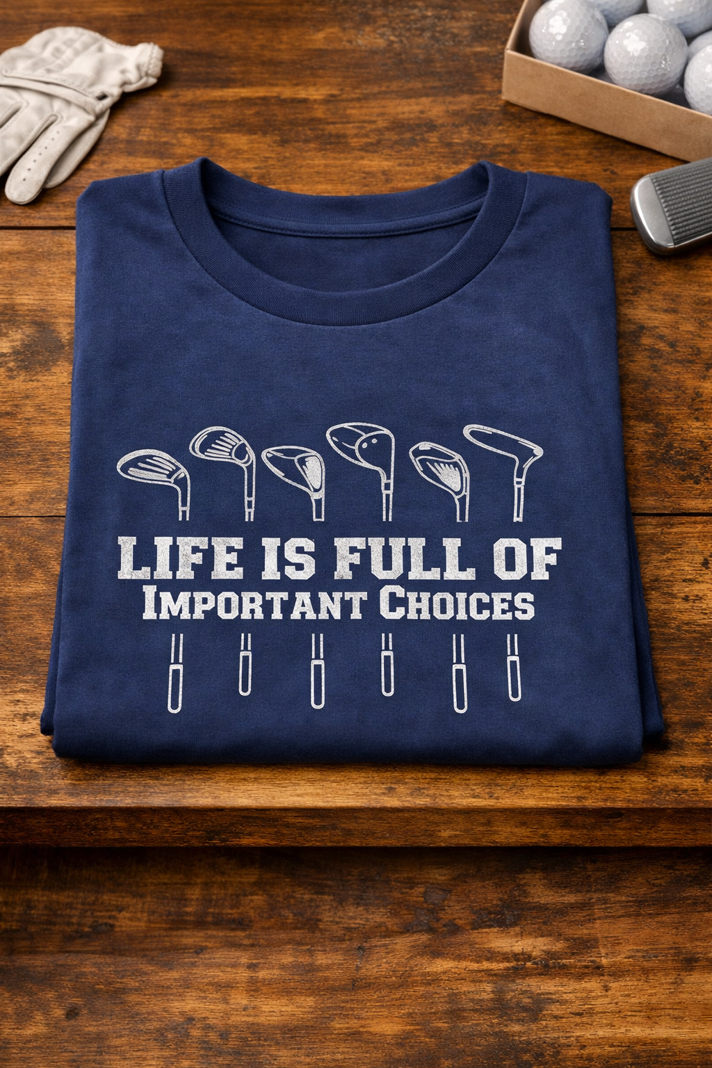 Navy blue t-shirt with golf club graphic and 'Life is Full of Important Choices' text on a wooden table. Roxzell