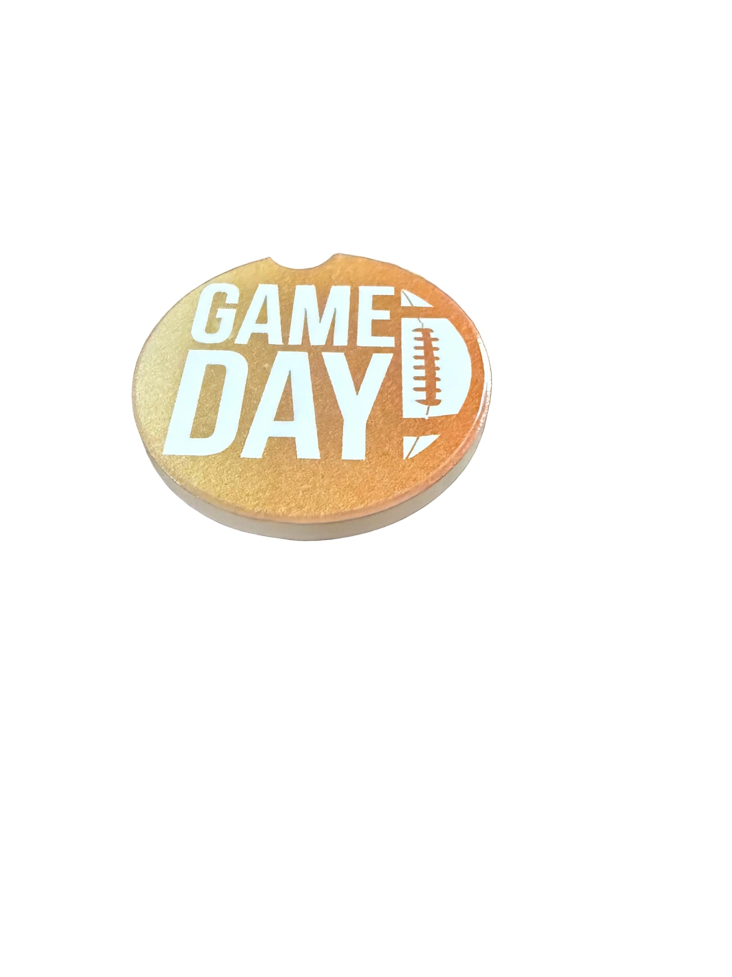 Round light brown car coaster with white 'Game Day' design, Roxzell