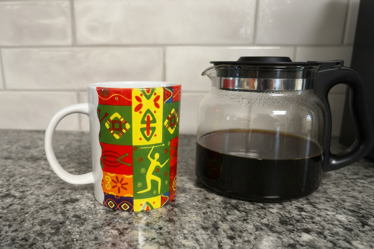 Side view of a ceramic mug decorated with abstract patchwork designs and stylized figures beside a coffee pot. Roxzell