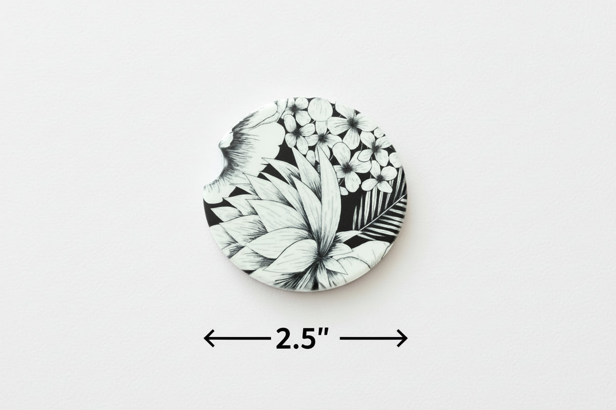 Minimalist 2.5" car coaster with black botanical design on white base, ideal for everyday use, Roxzell