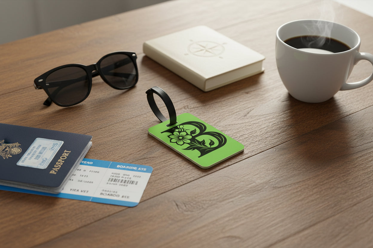 Green Floral Monogram "B" Luggage Tag – Personalized Travel Accessory