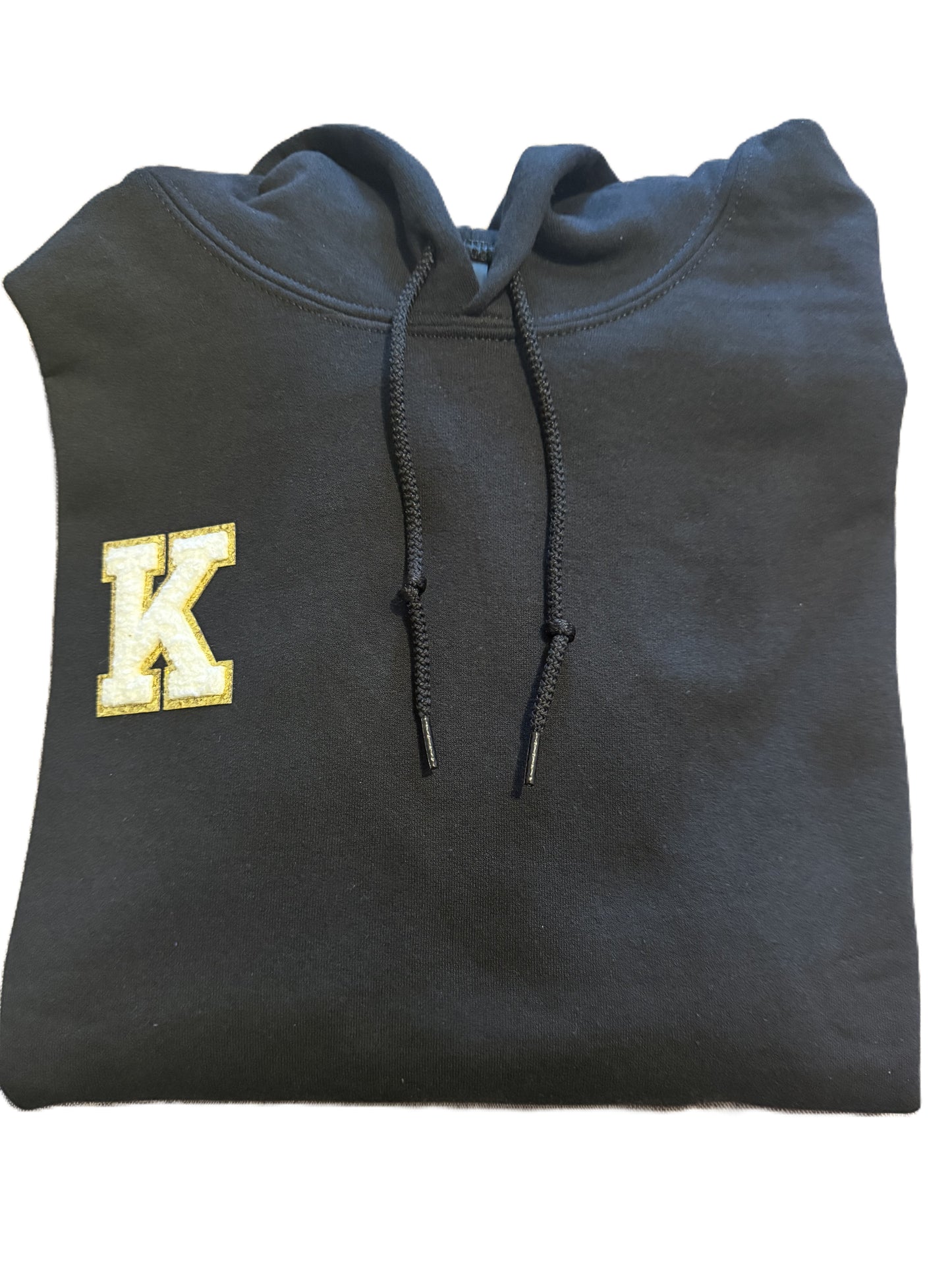 Personalized Black Hoodie with White and Gold “K” Initial Patch
