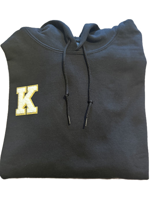 Personalized Black Hoodie with White and Gold “K” Initial Patch