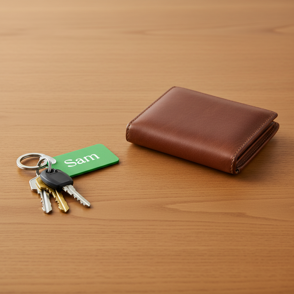 Personalized keychain with name "Sam" beside a wallet on a wood table. Roxzell