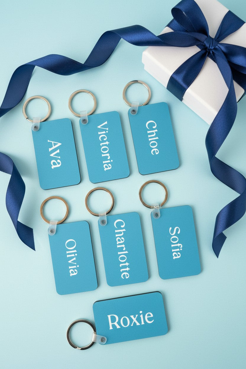A set of personalized blue keychains with silver metal rings, each tag printed with a different name in white text, arranged on a light blue background next to a white gift box with a navy ribbon. Roxzell