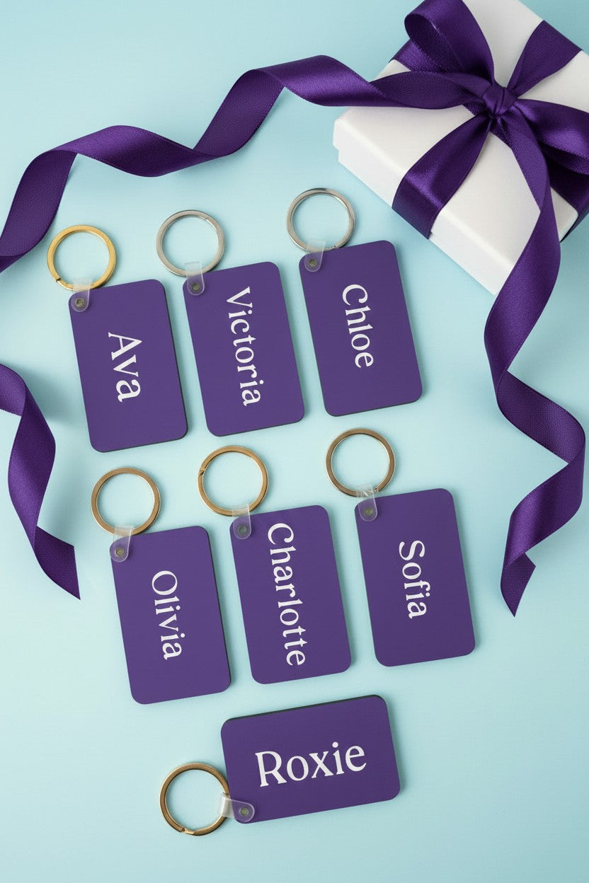 Seven personalized purple rectangular key tags with silver and gold key rings, printed with the names Ava, Victoria, Chloe, Olivia, Charlotte, Sofia, and Roxie, arranged on a light blue background with a white gift box and purple ribbon. Roxzell