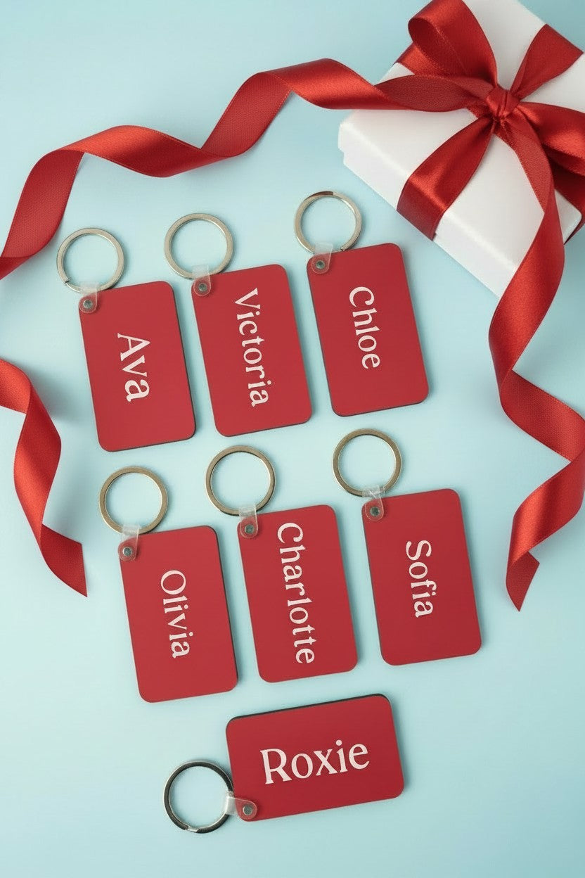 Seven personalized red rectangular key tags with silver key rings, each printed with a different name in white text, arranged on a light blue background with a white gift box and red ribbon. Roxzell