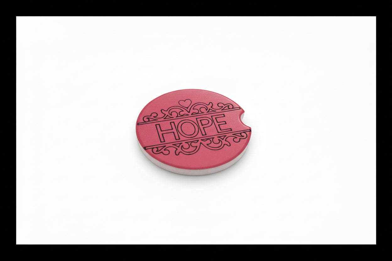 Round pink car coaster featuring vertical “HOPE” text and decorative heart border, Roxzell